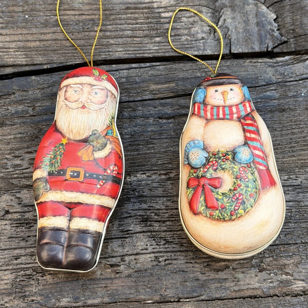 Vintage Set of 2 RUSS BERRIE & Co Christmas Candy Tin Ornament Snowman and Santa